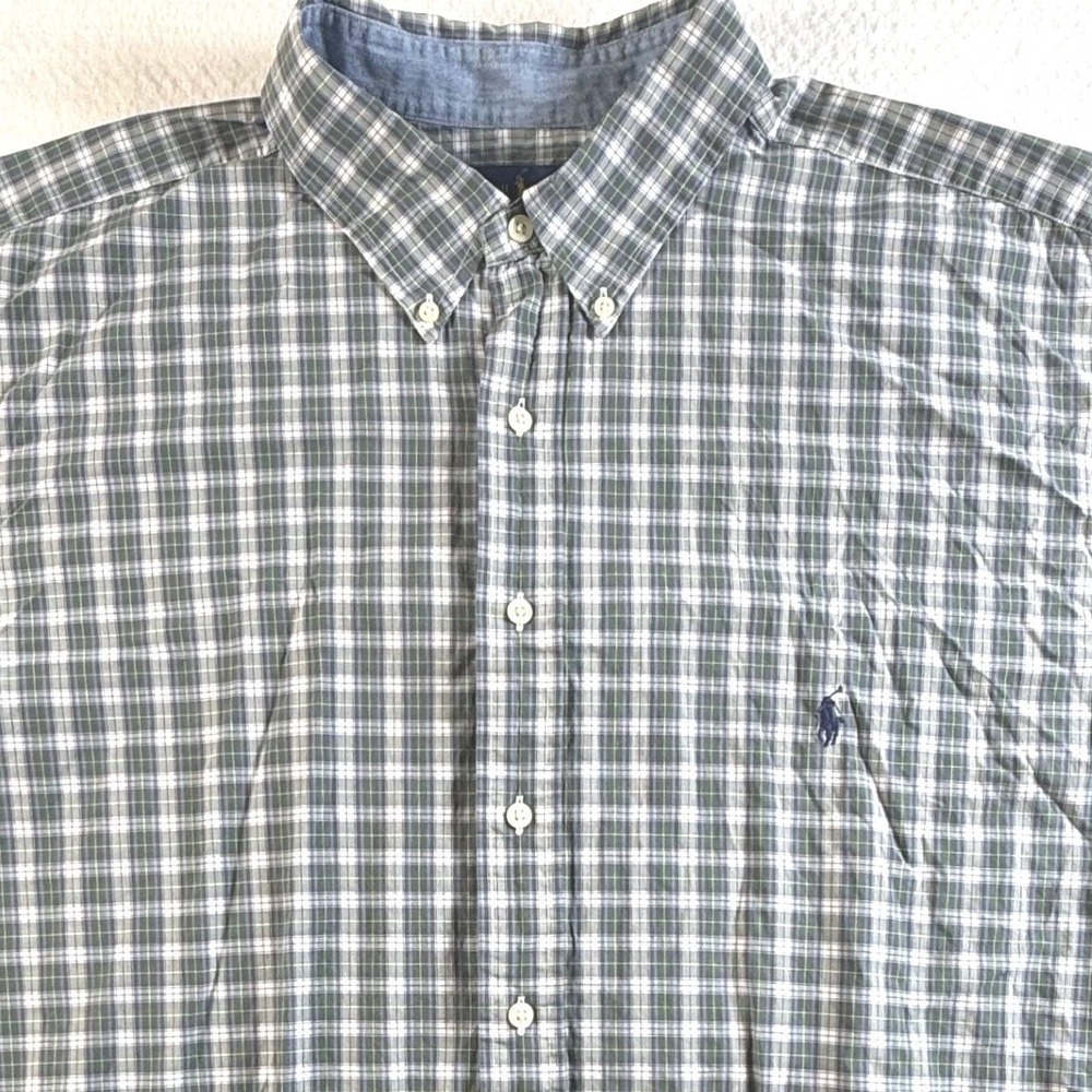 Ralph Lauren Plaid Shirt Mens 2XLT Short Sleeve Pony Button Down Green Cotton